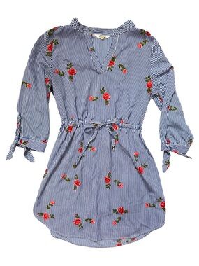 EUC Blush Blue and White Stripe with rose print V-Neck shirt dress L